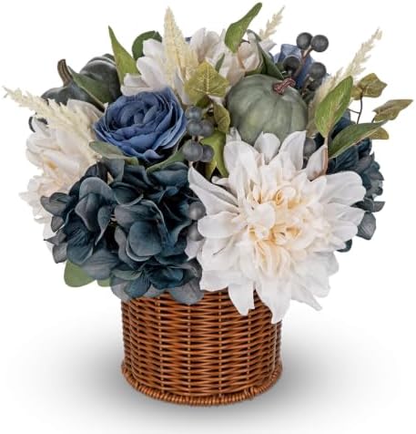Hollyone 13.8" Fall Flowers Arrangement in Baskets Pot Outdoor Indoor Fake Pumpkin Hydrangea Peonies Artificial Flower in Woven Baskets Fall Decor Blue White Faux Plants Porch Home Autumn Decorations by Hollyone