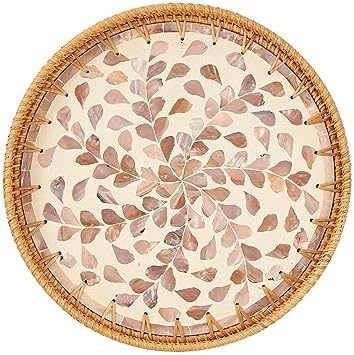 Kmelep Round Rattan Tray with Mother of Pearl Inlay, Rattan Serving Tray with Wooden Base, Decorative Wicker Basket for Table Decor, Storage and Display of Coffee Bread Food Fruit (Wicker) by Kmelep