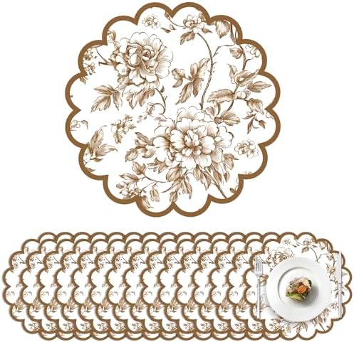 100 Pcs Brown Floral Paper Placemats with Scalloped Edges 15 Inch Chinoiserie Paper Table Mats Vintage Floral Place Mats for Dining Parties Weddings Holidays Table Decorations by Stuffygreenus