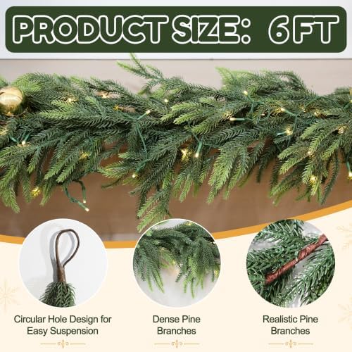 6FT Christmas Garland with Lights, Norfolk Pine Garland Decor for Xmas - Image 3