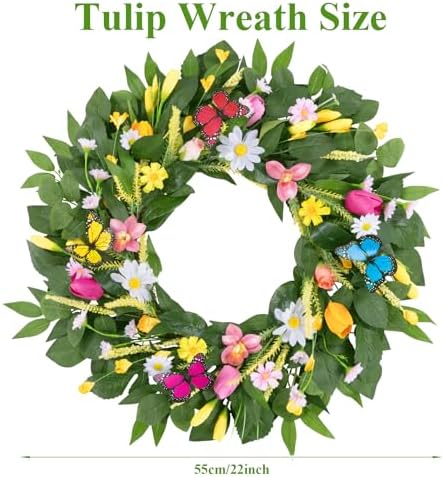 U'Artlines 22 Inch Tulip Wreath for Front Door, Spring Summer Silk Wreath with Green Leaves Colorful Butterfly Artificial Tulip Flower Wreaths for All Seasons Window Wall Wedding Valentines Day Decor - Image 5