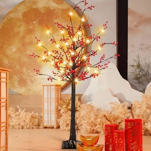 Aurelema 5 ft Lunar New Year Tree 80 LED, Red Lighted Tree with Lanterns - Image 2