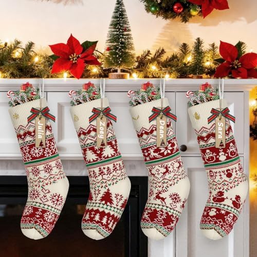 LIBWYS Knit Christmas Stockings with Patterns Reindeer, Tree, Snowflake, Snowman-4 Pack 18 Inch Large Knit Stockings, Personalized Christmas Stockings with DIY Name Tags for Family Holiday Decor - Image 2
