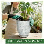 11.8 Inch Flower Pots for Indoor Plants,Ceramic Planter with Saucer Drainage Leak-Proof Mesh Gardening Gloves (Spotted Blue) - Image 5