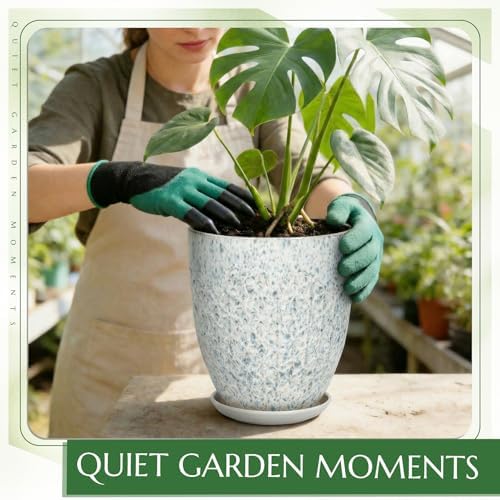 11.8 Inch Flower Pots for Indoor Plants,Ceramic Planter with Saucer Drainage Leak-Proof Mesh Gardening Gloves (Spotted Blue) - Image 5