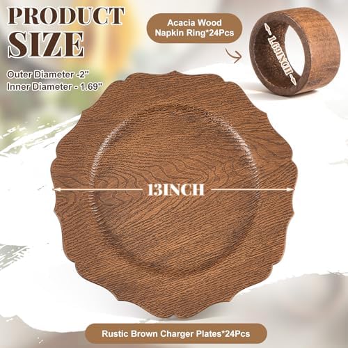 48 Pcs 13" Wooden Textured Charger Plates with Napkin Ring, Brown - Image 2