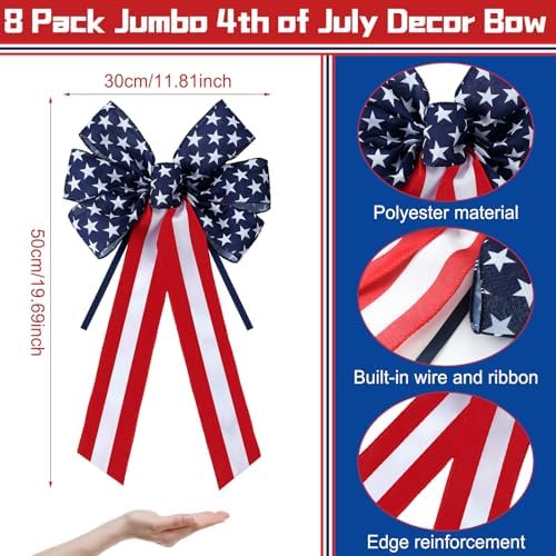 Yunlly 8 Pieces Large Patriotic Bows Decor 4th of July Bows Wreaths Blue White and Red Stripes and Stars for Memorial Day 4th of July Independence Day 250th Anniversary Patriotic Decorations - Image 2