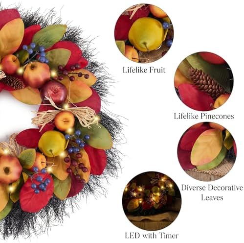 Valery Madelyn 24'' Collapsible Pre-Lit Fruits Fall Wreath for Front Door - Image 4