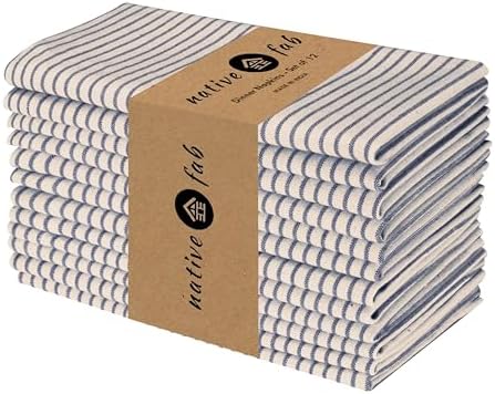 Native Fab Cloth Napkins 18x18 inches, 100% Cotton Vintage Stripped Dinner Napkins, Set of 12, Soft Breathable Absorbent, Machine Washable Cloth Napkins, Blue Beige by NativeFab
