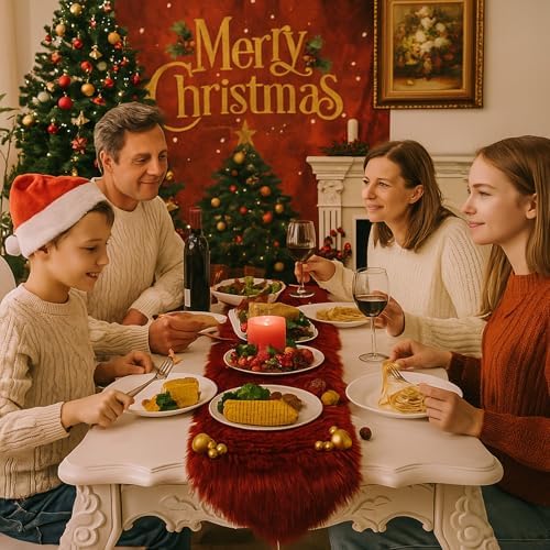 Christmas Table Runner with Tassels, Wine Red Fluffy Faux Fur Xmas Dresser Table Runners for Home Dinning Table Decor ,11.8x70.7 inch - Image 6
