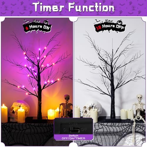 2Pack 24 Inch Halloween Spooky Tree with Lights, Lighted Tabletop Black Tree with Timer, Indoor Halloween Decorations for Home - Image 4