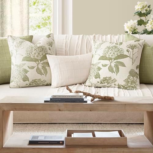 Foindtower Set of 2 Linen Floral Throw Pillow Covers Vintage Accent Print Decorative Cozy Cushion Covers Farmhouse Boho Home Decor for Sofa Chair Couch Bedroom Living Room,24×24 Inch,Light Green - Image 6