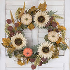 idyllic 20" Fall Wreath for Front Door with White Sunflower Artificial Pumpkins,Green & Yellow Leaves Harvest Wreath for Festival Thanksgiving Farmhouse Wall Home Decor - Image 2