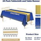 24Pack Disposable Plastic Tablecloths and Satin Table Runner Set Blue and Gold Dot Tablecloth Gold Satin Table Runner for Wedding Birthday Baby Shower Anniversary Christmas New Year Party Decorations - Image 2