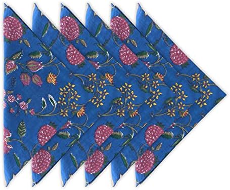 Craftbot Cotton Print Dinner Napkins 18x18 inches - Washable Cloth Napkins Set of 6 - Everyday Use or Dinner Party and Events - Blue Floral Indian Block Printed Fabric by AVKAStudio