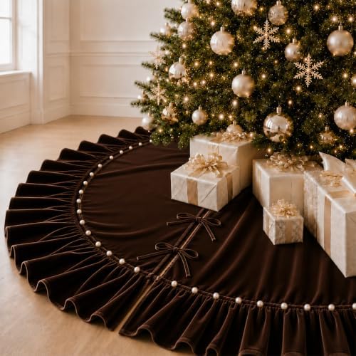 Christmas Tree Skirt,Velvet Tree Skirt with Ruffled Edge with Pearls, Classic Large Velvet Fur Plush Tree Skirt for Merry Christmas(Brown,60Inch) by DegGod