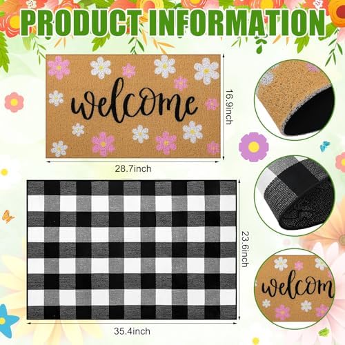 Tinideya 2 Pcs Spring Door Mat Outdoor Layered Pink Flower Welcome Mat - Image 2