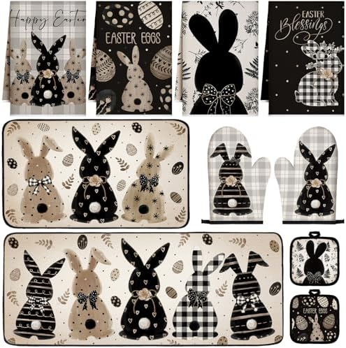 VitalCozy 10 Pcs Easter Kitchen Decor Set Oven Mitts and Pot Holders Rabbit Kitchen Towels Bunny Rugs and Mats for Chef Baking Cooking Grilling BBQ Gift by VitalCozy