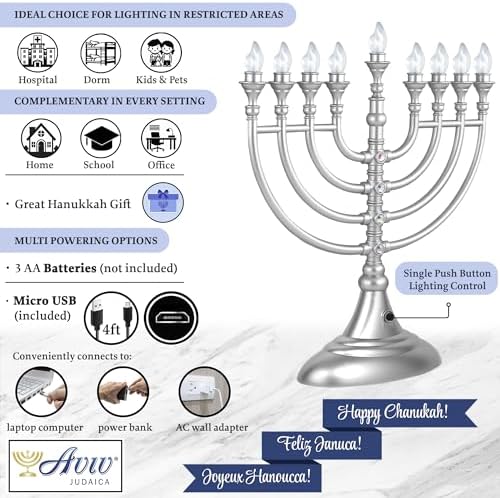 2 Pack Matte Silver LED Electric Menorahs Gray Battery or USB Powered Chanukiah w/ 4' Micro USB Cable Electronic Chanukah Candles Minorah Lighted Hanukkah Decor Menorat - Image 4