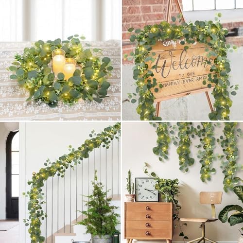 N&T NIETING 4 Pack Artificial Eucalyptus Garland with Lights, 6FT Artificial Greenery Summer Garlands, Battery Operated Twig Vine for Room Stairs Mantle Wedding Holiday Decoration Indoor Outdoor - Image 5