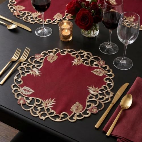 Decozen Set of 12 Doilies for Table, Lace Doilies Rustic Farmhouse Kitchen Dining Table Centerpiece Decor, 15 Inch Gold Burgundy Round Placemats for Home, Valentines Day Gifts, Valentines placemats - Image 2