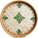 Boho Handwoven Rattan Tray with Mother of Pearl Inlay, 35cm Round Decorative Tray, Wooden Base Serving Tray for Breakfast, Vanity, Coffee Table & Wall Hanging Decor (Size:Big, Pattern:Seaweed) by Unknown