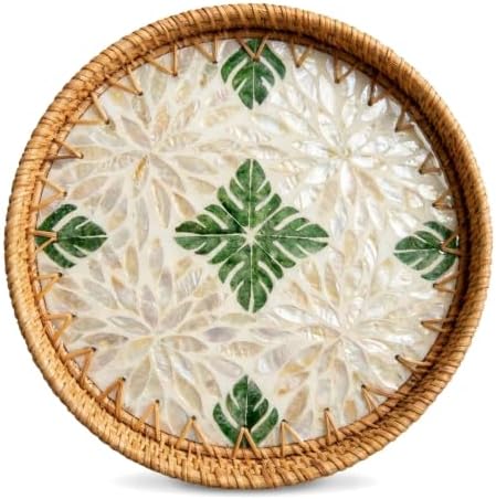 Boho Handwoven Rattan Tray with Mother of Pearl Inlay, 35cm Round Decorative Tray, Wooden Base Serving Tray for Breakfast, Vanity, Coffee Table & Wall Hanging Decor (Size:Big, Pattern:Seaweed) by Unknown