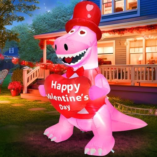 TURNMEON 4 Foot Valentine's Day Inflatable Dinosaur Outdoor Decoration Blow Up Dinosaur Holds Heart LED Lighted Valentines Day Decoration for Yard Garden Lawn Wedding Holiday Party Indoor Outdoor Home - Image 4