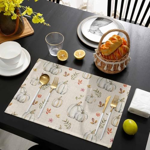 Thanksgiving Placemats Set of 6, Grey Pumpkin Leaves Fall Harvest Burlap Placemats for Dining Table Place Mats for Kitchen Table Waterproof Table Mats, Wipeable Dining Table Set - Image 3