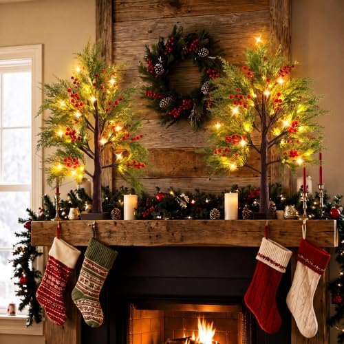 Baquler 2 Pcs Christmas Lighted Birch Trees 24 in, LED Pine Red Berry Decor - Image 5
