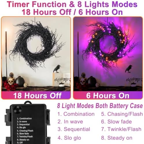 9Ft Lighted Halloween Garland Decorations Indoor, 66 LED Orange & Purple Lights Willow Vine Twig Black Halloween Garland with 8 Mode & Timer, Battery Operated Halloween Decor for Mantel Fireplace Home - Image 3