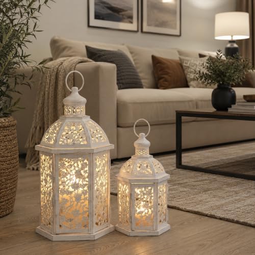 Lanterns Decorative Outdoor&Indoor, Set of 2 (15"&7") White Metal Lantern Decor, Candle Holder for Porch, Patio, Christmas, Balcony, Wedding, Table Centerpiece - Image 6