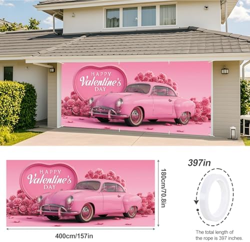Valentine’s Day Garage Door Banner 6x13FT, Pink Vintage Car and Rose Heart Garage Door Cover, Romantic Outdoor Decoration for Garage Doors, Yard & Love Theme Party Backdrop - Image 3