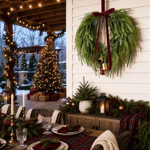 24” Christmas Wreaths for Front Door, Norfolk Pine Wreath Bow Bells - Image 6