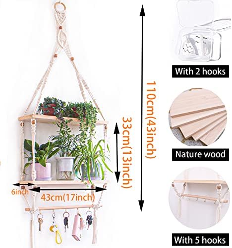 TENEWEE Boho Macrame Hanging Wall Shelf for Plant & Books Display 2-Tier - Image 3
