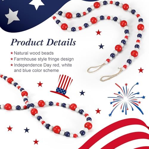 Giegxin 1 Pcs 32.8 ft 4th of July Wooden Bead Garland Patriotic Hanging Garland Farmhouse Beads Decor for Independence Day Mantel Table Party Wall Home Decorations (Blue,Red,White) - Image 4