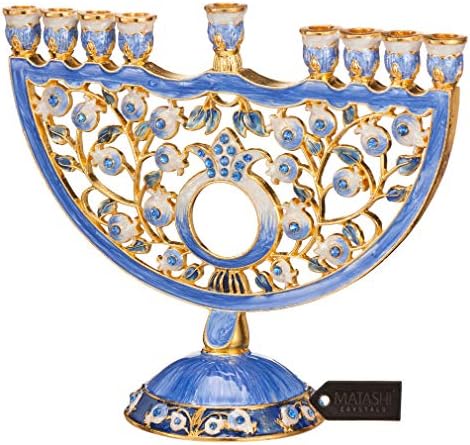 Matashi Hand Painted Blue Enamel Pomegranate Design Menorah Candelabra by MATASHI