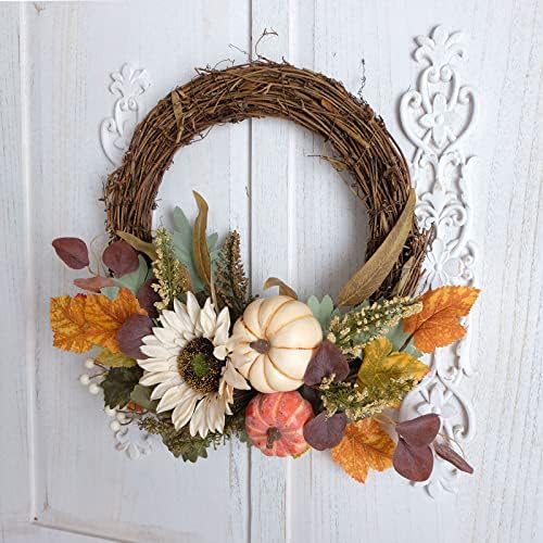 12" Fall Harvest Pumpkin and Sunflower Wreath - Grape Vine Autumn Wreath with Mixed Leaves, Perfect for Front Door, Indoor Outdoor Fall Door Decor, Pumpkin & Sunflower Accents - Ideal for Thanksgiving - Image 6