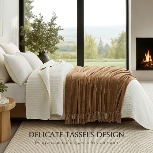 EverGrace Chenille Knit Throw Blanket for Couch, 60"x80", Warm Beige - Image 2