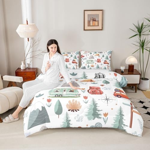 Kids Camper Theme Comforter Set Twin 2Pcs, Happy Camping Bedding Set, Travel Car Rv Accessories Down Comforter, Botanical Flowers Mountain Adventure Quilt, Cute Camper Duvet Insert Bedroom Decor - Image 4