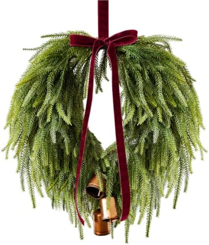 24” Christmas Wreaths for Front Door, Norfolk Pine Wreath Bow Bells by Unknown
