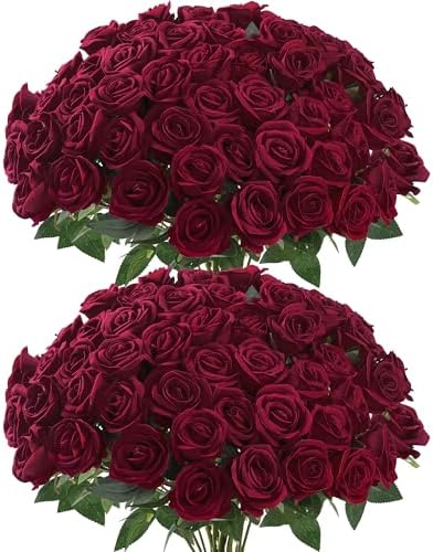 50 Pcs Artificial Roses Red Flowers Fake Velvet Silk Roses with Stems Bulk Realistic Faux Flowers for Bridal Bouquets Wedding Centerpieces Fall Autumn Thanksgiving Gift DIY Home Decor (Burgundy) by Sggvecsy
