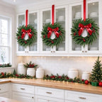 8 Pcs 12 Inch Mini Artificial Norfolk Pine Christmas Wreaths,Small Wreath with Red Ribbon Bow, Red Berry & Pinecone, Indoor Xmas Decor for Cabinet, Kitchen Door, Window, Fireplace Staircase Railing - Image 3