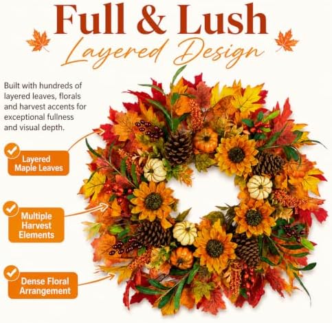 28 Inch Large Fall Sunflower Wreath for Front Door with Caramel Sunflowers - Image 4