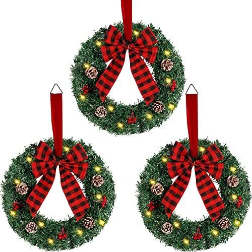 ATDAWN 3 Pack Mini Christmas Wreath, Lighted Christmas Front Door Wreath, Xmas Wreath for Holiday Christmas Party Decorations (Plaid Bow) by ATDAWN