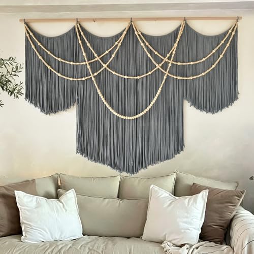 Large Macrame Wall Hanging Grey Boho Wall Art Beaded Decor 57"W*39"L - Image 2
