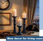 Set of 3 Wood Pillar Candle Holder Farmhouse Decor, Navy Blue - Image 5