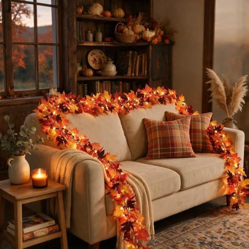 2Pack 9Ft 50 LED Maple Leaf Garland Battery Operated with Timer,8 Modes Waterproof Fall Decorations for Home Fall Garland with Lights for Fall Thanksgiving Table Harvest Home Indoor Decorations - Image 6