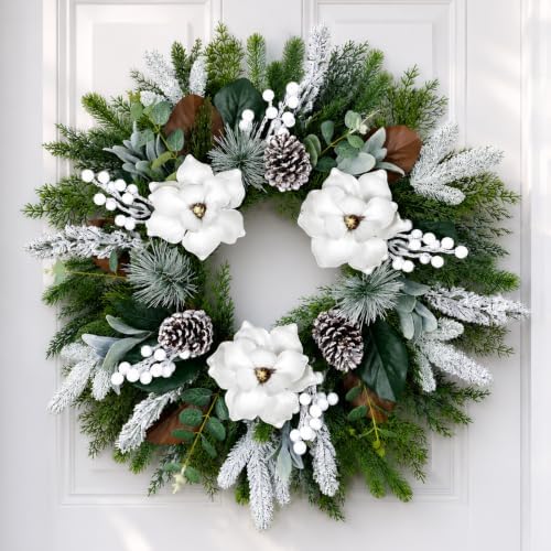 28inch Winter Wreath for Front Door, Frosted Magnolia Christmas Wreath by Hoobalon