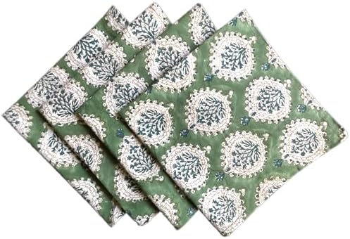 ATOSII Cotton Blockprint Cloth Napkins, Kari Green, Set of 4, 20" X 20" by ATOSII
